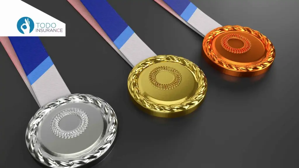 tres medallas una de oro una de plata y una de bronce cada una con una cinta blanco con azul sobre un fondo negro niveles de planes aca todo insurance